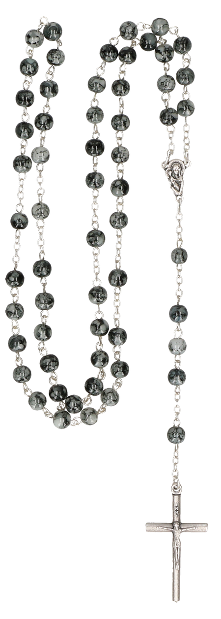 Paternoster - grijs/marmoriet - glasparel - 48 cm - metalen kruisje             